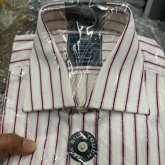 Hawes and Curtis Pink/Navy stripe dress shirt Sz 15.5 - Picture 6 of 7
